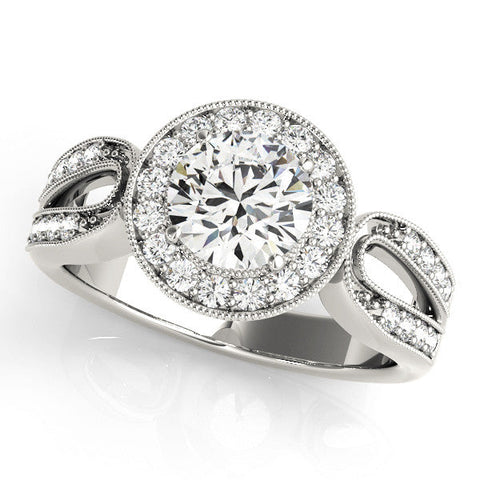 White gold Emerald Halo Split Shank Milgrain Diamond Ring