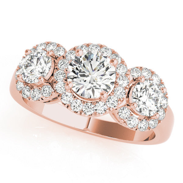 Rose gold Three-Stone Round Halo Diamond Ring with Pavé Band and Four-Prong Setting