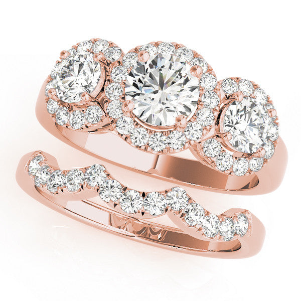 Rose gold Three-Stone Round Halo Diamond Ring with Pavé Band and Four-Prong Setting