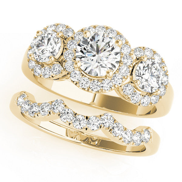 Yellow gold Three-Stone Round Halo Diamond Ring with Pavé Band and Four-Prong Setting