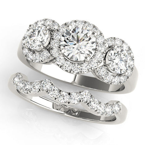 White gold Three-Stone Round Halo Diamond Ring with Pavé Band and Four-Prong Setting