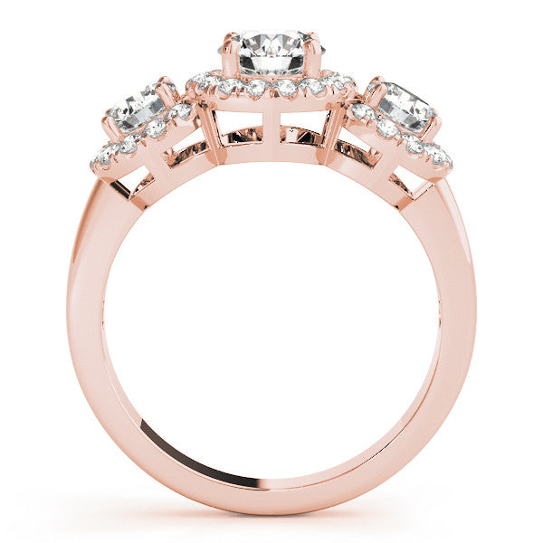 Rose gold Three-Stone Round Halo Diamond Ring with Pavé Band and Four-Prong Setting