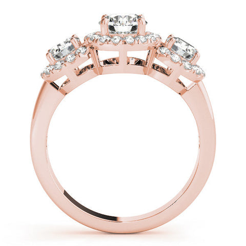 Rose gold Three-Stone Round Halo Diamond Ring with Pavé Band and Four-Prong Setting