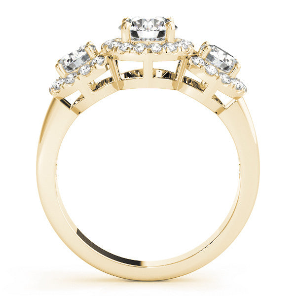 Yellow gold Three-Stone Round Halo Diamond Ring with Pavé Band and Four-Prong Setting