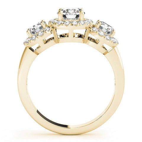 Yellow gold Three-Stone Round Halo Diamond Ring with Pavé Band and Four-Prong Setting