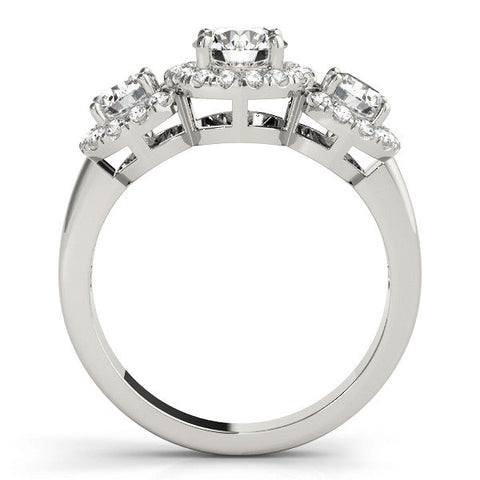 White gold Three-Stone Round Halo Diamond Ring with Pavé Band and Four-Prong Setting