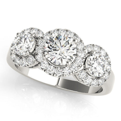 White gold Three-Stone Round Halo Diamond Ring with Pavé Band and Four-Prong Setting