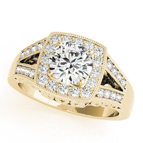 Yellow gold Pear Halo Split Shank Diamond Ring with Milgrain Prong Setting
