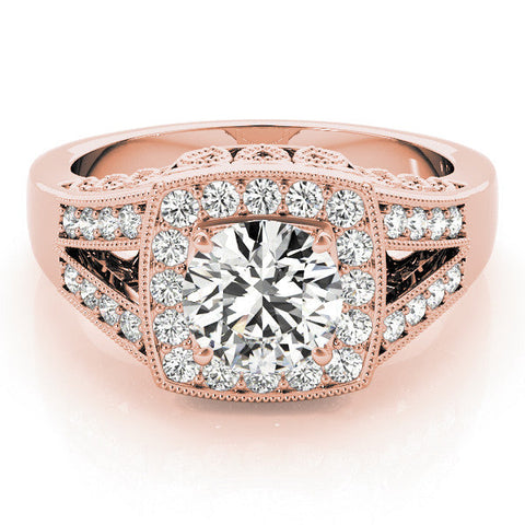 Rose gold Round Halo Split Shank Diamond Ring with Milgrain Prong Setting