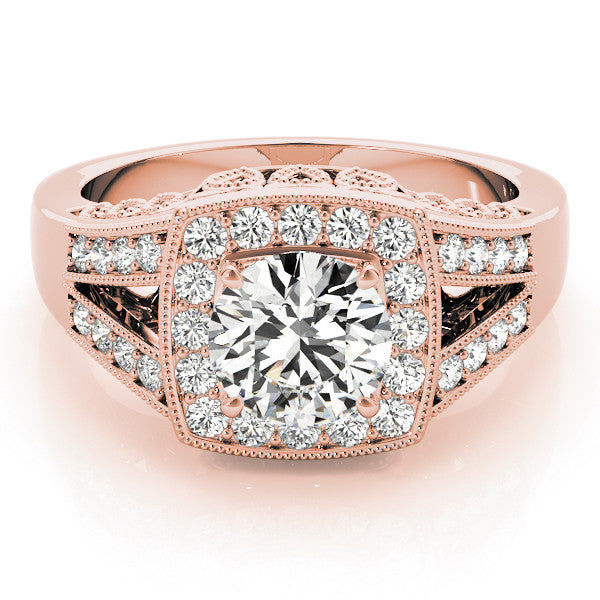 Rose gold Cushion Halo Split Shank Diamond Ring with Milgrain Prong Setting