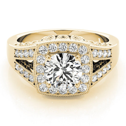 Yellow gold Radiant Halo Split Shank Diamond Ring with Milgrain Prong Setting
