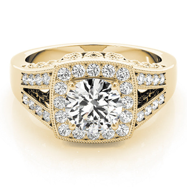 Yellow gold Round Halo Split Shank Diamond Ring with Milgrain Prong Setting