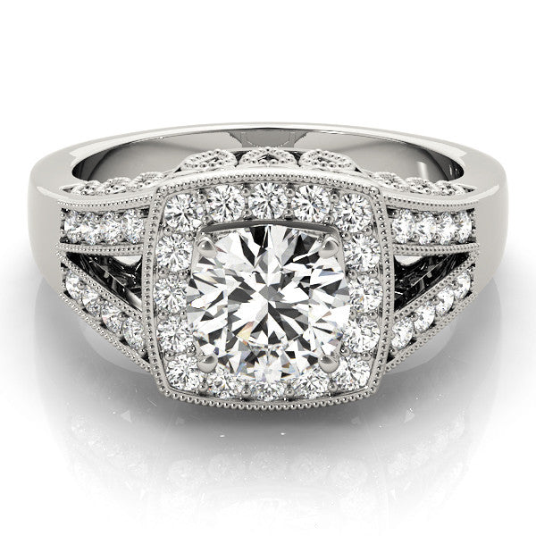 White gold Radiant Halo Split Shank Diamond Ring with Milgrain Prong Setting