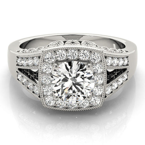 White gold Radiant Halo Split Shank Diamond Ring with Milgrain Prong Setting