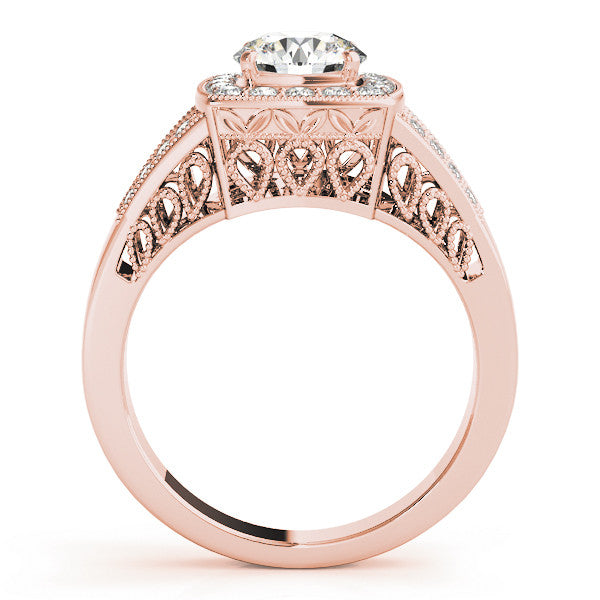 Rose gold Princess Halo Split Shank Diamond Ring with Milgrain Prong Setting