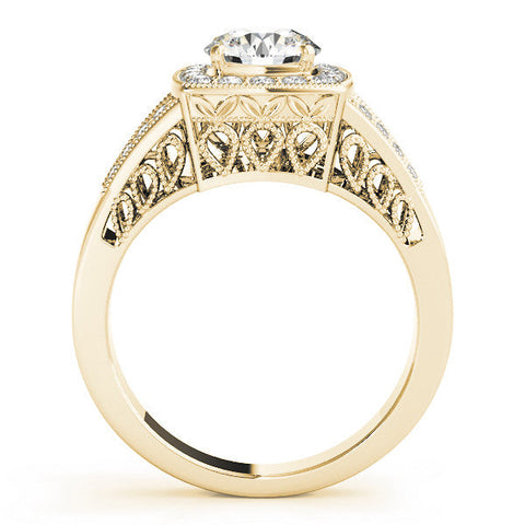 Yellow gold Round Halo Split Shank Diamond Ring with Milgrain Prong Setting