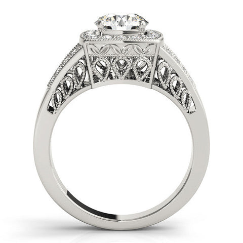 White gold Oval Halo Split Shank Diamond Ring with Milgrain Prong Setting