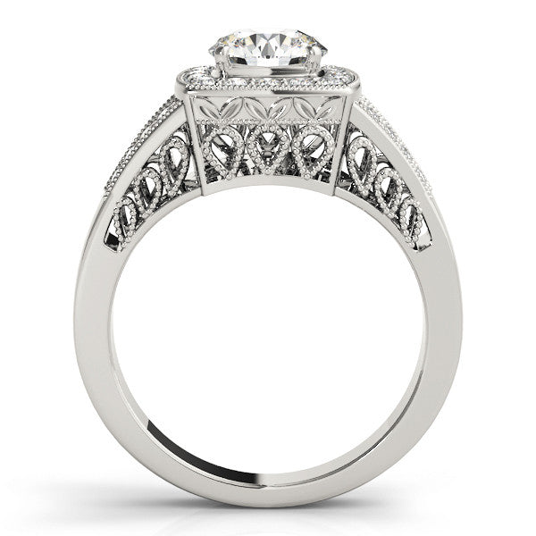 White gold Cushion Halo Split Shank Diamond Ring with Milgrain Prong Setting