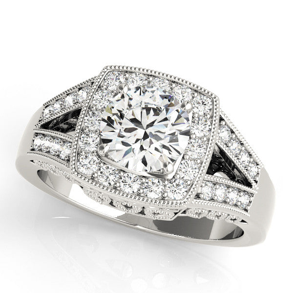 White gold Princess Halo Split Shank Diamond Ring with Milgrain Prong Setting