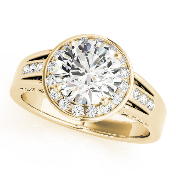 Yellow gold Round Halo Split Shank Diamond Ring with Prong Setting