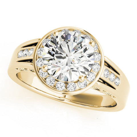 Yellow gold Round Halo Split Shank Diamond Ring with Prong Setting