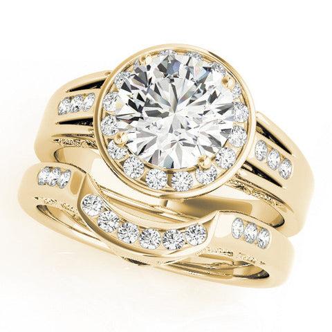 Yellow gold Round Halo Split Shank Diamond Ring with Prong Setting