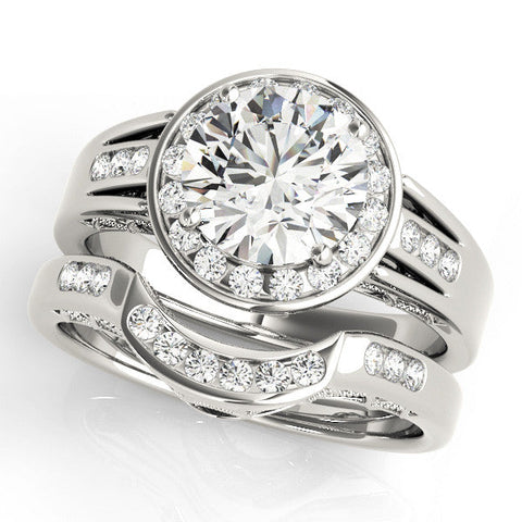 White gold Round Halo Split Shank Diamond Ring with Prong Setting