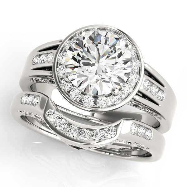White gold Round Halo Split Shank Diamond Ring with Prong Setting