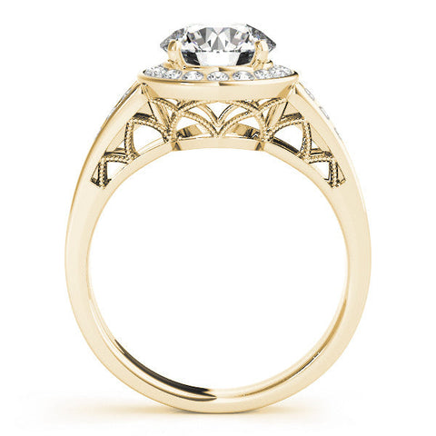 Yellow gold Round Halo Split Shank Diamond Ring with Prong Setting