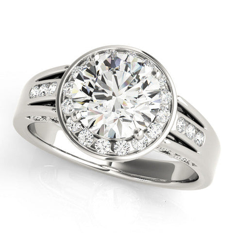 Platinum Round Halo Split Shank Diamond Ring with Prong Setting