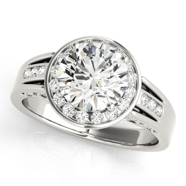 White gold Round Halo Split Shank Diamond Ring with Prong Setting