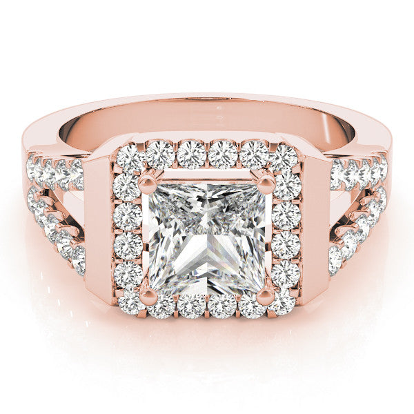 Rose gold Princess Cut Halo Split Shank Prong Set Ring