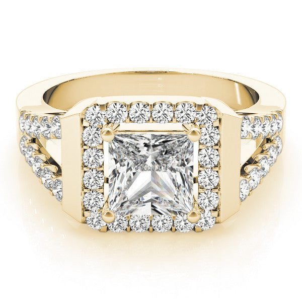 Yellow gold Princess Cut Halo Split Shank Prong Set Ring