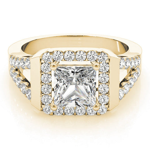 Yellow gold Princess Cut Halo Split Shank Prong Set Ring