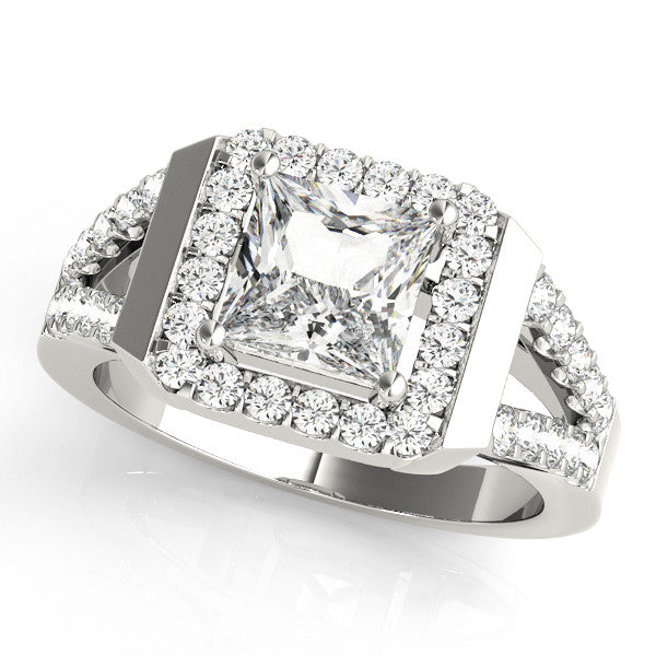 Platinum Princess Cut Halo Split Shank Prong Set Ring