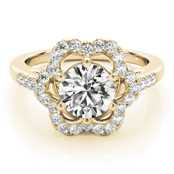 Yellow gold Round Diamond Floral Halo Split Shank Prong Setting Ring