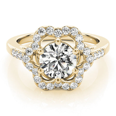 Yellow gold Round Diamond Floral Halo Split Shank Prong Setting Ring