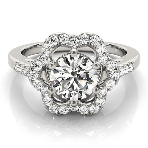 Platinum Round Diamond Floral Halo Split Shank Prong Setting Ring