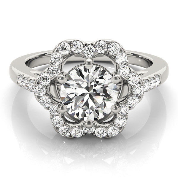 Silver Round Diamond Floral Halo Split Shank Prong Setting Ring