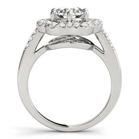 Silver Round Diamond Floral Halo Split Shank Prong Setting Ring
