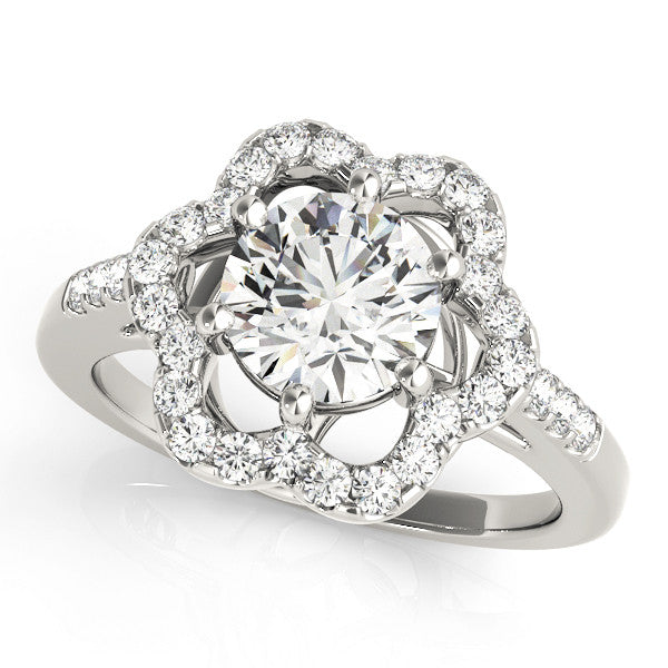 Silver Round Diamond Floral Halo Split Shank Prong Setting Ring