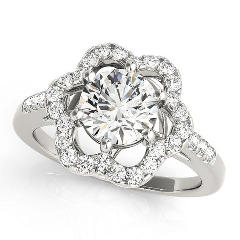 White gold Round Diamond Floral Halo Split Shank Prong Setting Ring