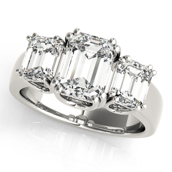 Platinum Three-Stone Radiant Cut Diamond Ring with Channel Set Band and Four-Prong Setting