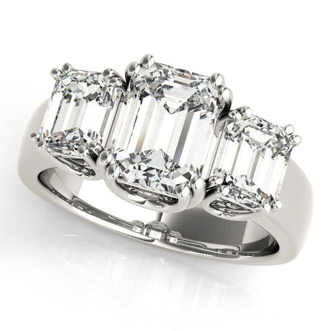 Platinum Three-Stone Emerald Cut Diamond Ring with Channel Set Band and Four-Prong Setting