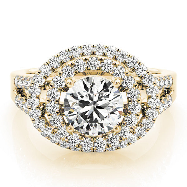 Yellow gold Double Halo Round Diamond Split Shank Prong Setting Ring