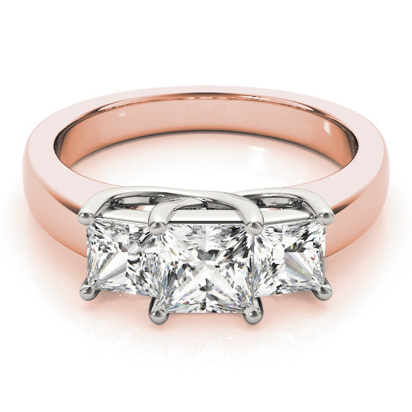 Rose gold Three-Stone Princess Cut Diamond Ring with Cathedral Band and Four-Prong Setting