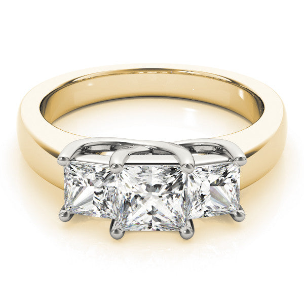 Yellow gold Three-Stone Princess Cut Diamond Ring with Cathedral Band and Four-Prong Setting