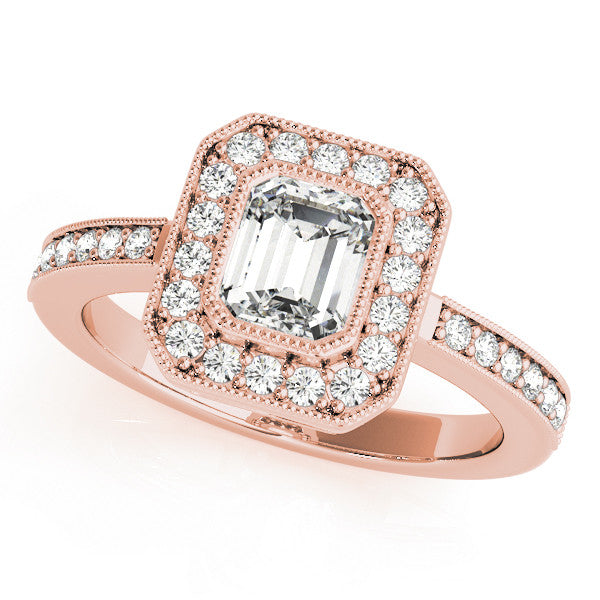Rose gold Princess-Cut Halo Diamond Ring with Pavé Band and Milgrain Prong Setting