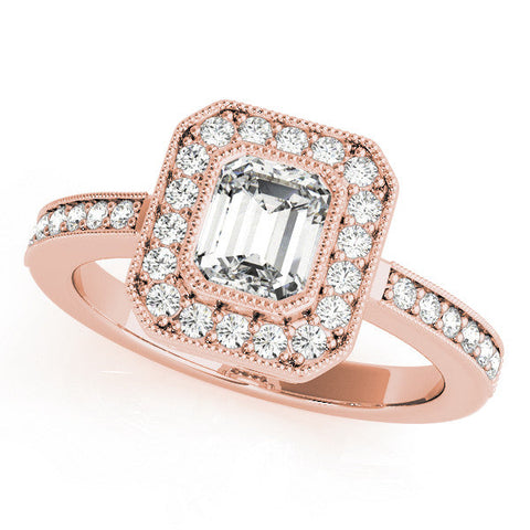 Rose gold Princess-Cut Halo Diamond Ring with Pavé Band and Milgrain Prong Setting