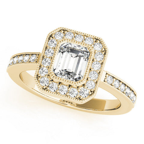 Yellow gold Heart-Cut Halo Diamond Ring with Pavé Band and Milgrain Prong Setting